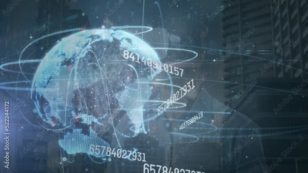 Animation of numbers, globe and connections over caucasian man in vr headset Animation of numbers, globe and connections over caucasian man in vr headset