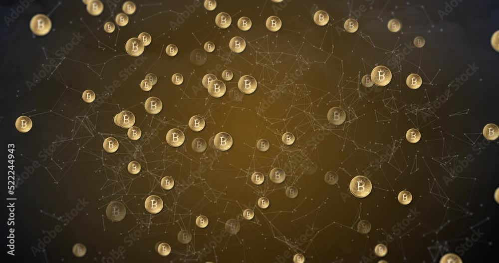 Animation of network of connections with bitcoin symbol over sky with clouds and lightning