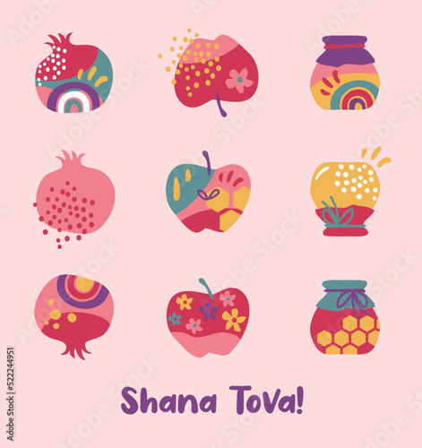 Rosh Hashana, Jewish holiday icons with abstract patterns. Apple, honey, pomegranate, flowers and leaves, Jewish New Year symbols and icons. Vector illustration