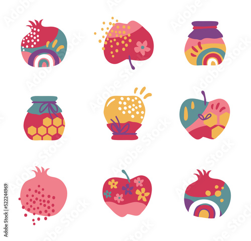 Rosh Hashana, Jewish holiday icons with abstract patterns. Apple, honey, pomegranate, flowers and leaves, Jewish New Year symbols and icons. Vector illustration