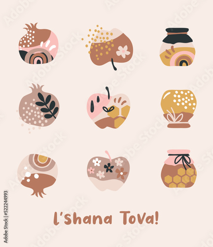 Rosh Hashana, Jewish holiday icons with abstract patterns. Apple, honey, pomegranate, flowers and leaves, Jewish New Year symbols and icons. Vector illustration
