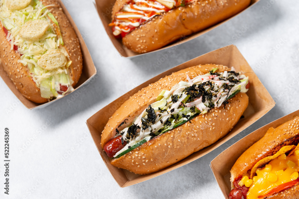 Fast food hot dog banner on a light grey stone textured background