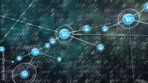 Wallpaper Mural Animation of network of connections with icons over data processing on black background Torontodigital.ca