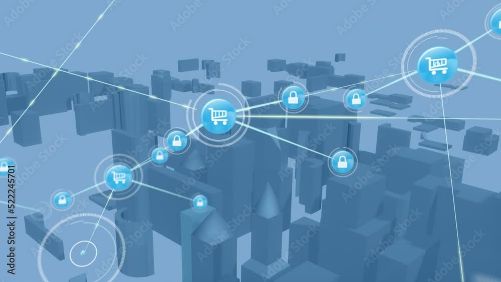 Animation of network of connections with icons over digital city on white background Animation of network of connections with icons over digital city on white background