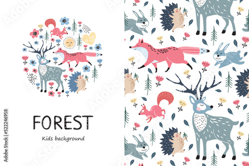 Cute cartoon squirrel, hare hedgehog, trees. Template for children's cards.