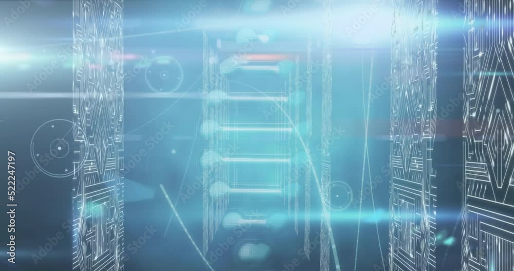Animation of dna structure spinning over screens of microprocessor connections on blue background Animation of dna structure spinning over screens of microprocessor connections on blue background