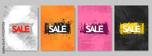 Vector illustration. Grunge halftone dots texture. Ink brush strokes banner. Design elements for poster, cover, magazine, headline, layout, brochure. Abstract vibrant color background. Paint splash