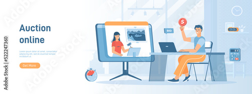 Online Auction. Customer bidding in online auction, auctioneer sells art painting. Flat concept great for social media promotional material. Website banner on white background.