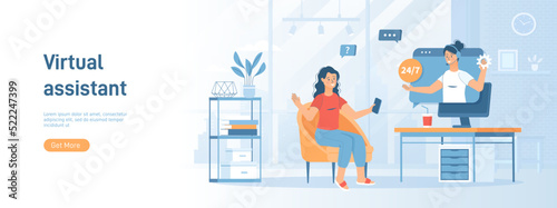 Virtual assistant. Customer support, call center. Operator consults client and answers questions. Flat concept great for social media promotional material. Website banner on white background.