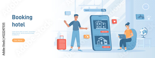 Booking a hotel online service, tourism planning. Mobile app for booking apartment for vacation, traveling. Flat concept great for social media promotional material. Website banner on white background