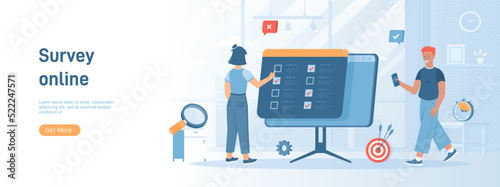 Online survey. Fills out an online questionnaire, survey form, making online testing for examination. Flat concept great for social media promotional material. Website banner on white background.