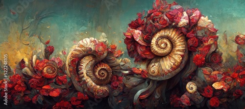 Unusual and strange alien looking ammonite flowers blooming. Surreal floral fantasy forest in gorgeous crimson garnet and ruby red colors of the imagination.