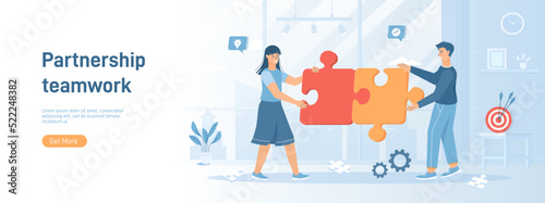 Partnership Teamwork Brainstorming Meeting concept. Business team connecting pieces of puzzles. Flat concept great for social media promotional material. Website banner on white background.
