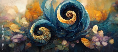 Unusual and strange alien looking ammonite flowers blooming. Surreal floral fantasy forest in gorgeous lapis lazuli and aquamarine blue colors of the imagination. photo