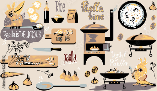 A set of katinok items for making rice dishes, also comic bird cooks. Can be a seamless ornament for wall decor or textiles.