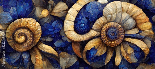Unusual and strange alien looking ammonite flowers blooming. Surreal floral fantasy forest in gorgeous lapis lazuli and aquamarine blue colors of the imagination. photo