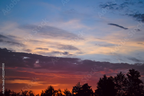 Morning glow illuminates the clouds on a beautiful colorful sky above the silhouettes of trees at dawn