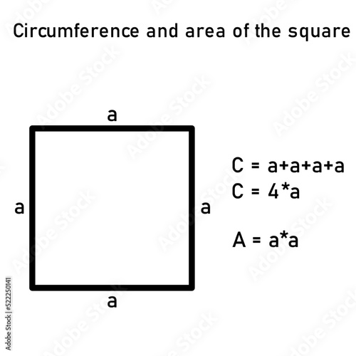 The graphic representation of the circumference and area of a square with an equation