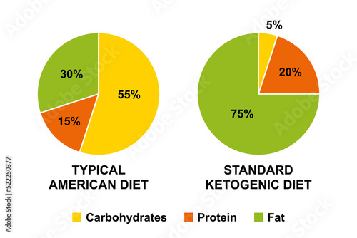 American and ketogenic diet percentages. Carbohydrates, protein and fat percentages of a typical American and of a ketogenic diet. Pie charts, isolated illustration on white background. Vector.