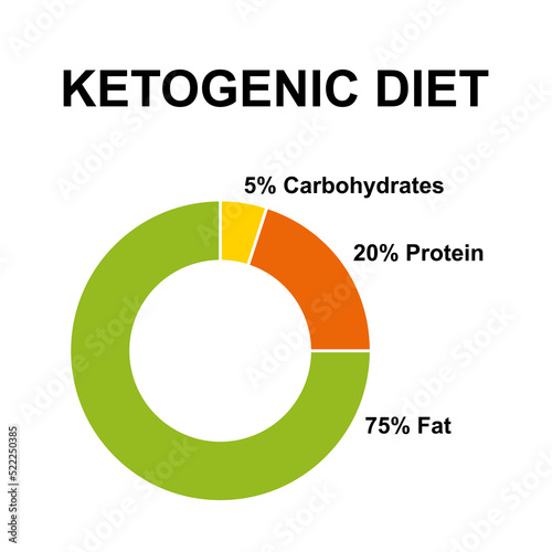 Ketogenic diet, donut chart with percentages of carbohydrates, protein and fat. Diet and mainstream dietary therapy, high on fat, adequate on protein and low on carbohydrates. Illustration. Vector