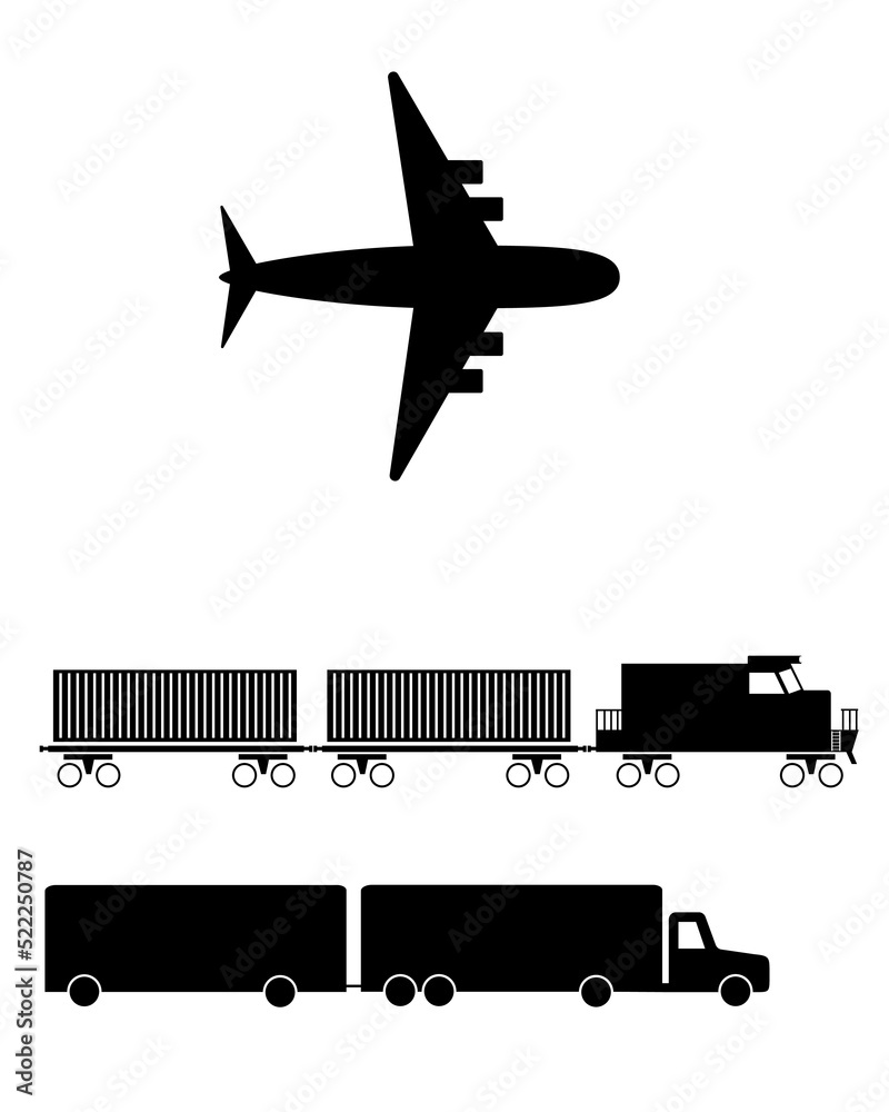 Transport icons. Airplane, Train and auto signs. Shipping delivery symbol. Air mail delivery sign. Vector