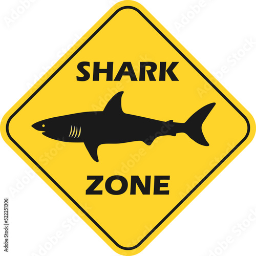 Shark zone warning. Sharks sighted danger symbol board. Marine caution sign. Do not swim. Predator attack.