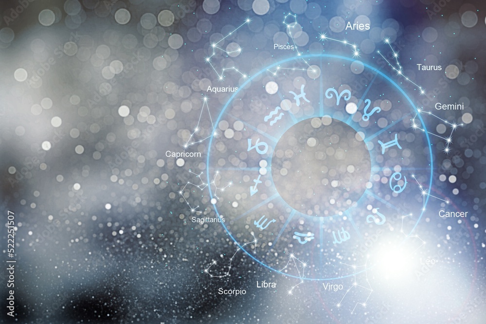 Zodiac signs inside of horoscope. Astrology in the sky with many stars concept Zodiac signs inside of horoscope. Astrology in the sky with many stars concept