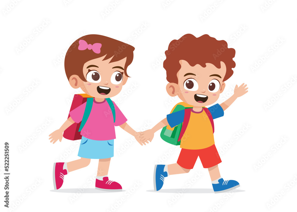 Cute kid boy and girl holding hand and go to school together
