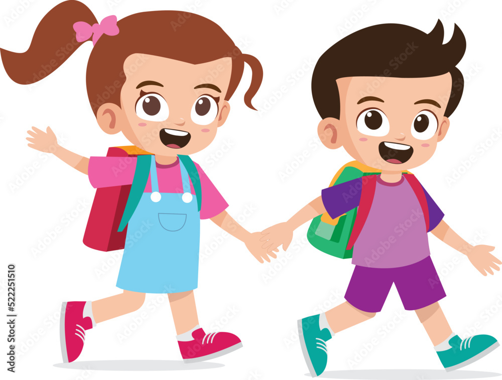 Cute kid boy and girl holding hand and go to school together Cute kid boy and girl holding hand and go to school together