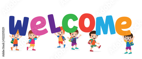 Happy group of kindergarten kids holding a welcome text vector illustration