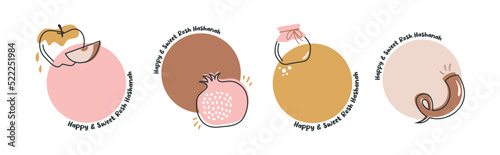 Jewish holiday Rosh Hashana, greeting card set in minimalistic style. traditional greetings. Pomegranate, apple , honey and flowers. Sweet and happy new year in Hebrew. Vector illustration photo