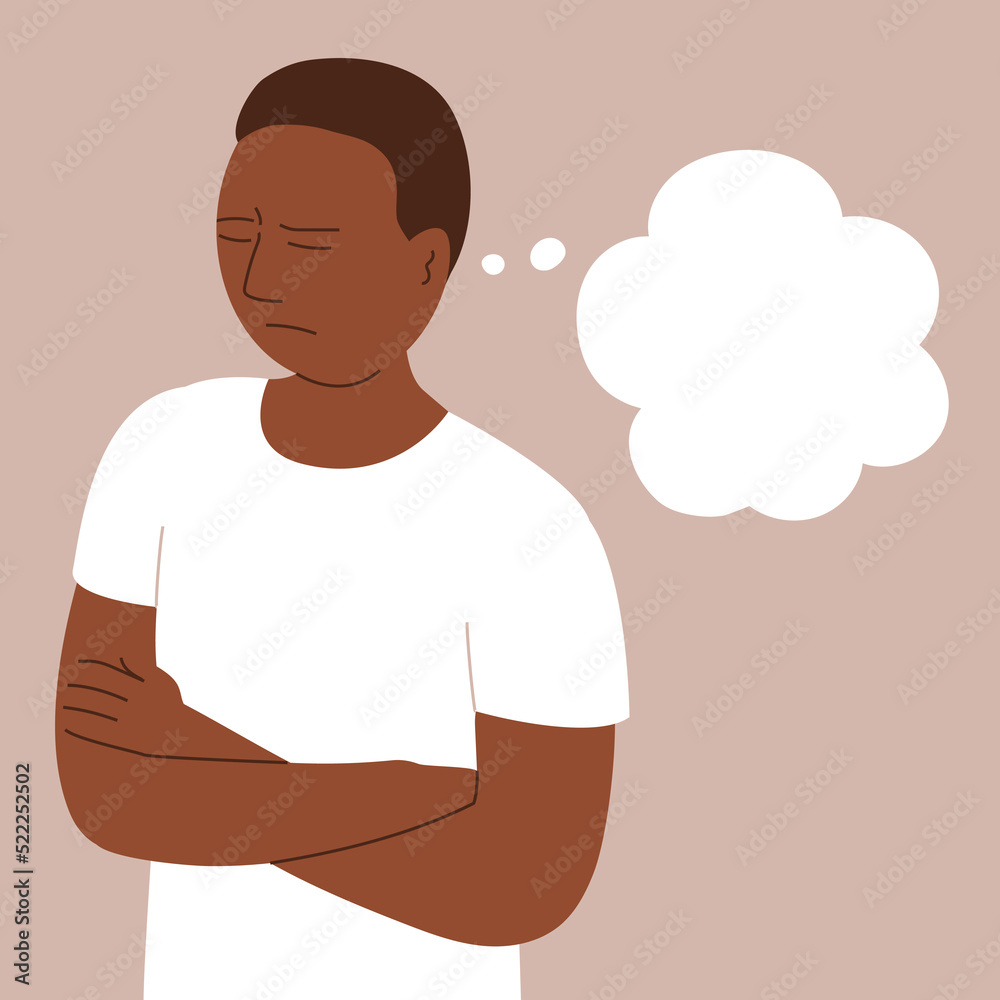 Distressed and offended young man. Bubble empty. Sad unhappy man African American. Frustration, anger and disappointment. Negative emotions. Problem psychology. Flat vector isolated illustration Distressed and offended young man. Bubble empty. Sad unhappy man African American. Frustration, anger and disappointment. Negative emotions. Problem psychology. Flat vector isolated illustration