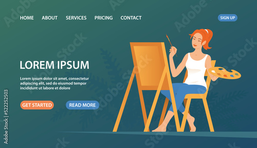 Beautiful young woman painting on an easel. Art studio, master class, course, training. Sitting on a chair, holding a palette and a brush. Design template for banner, website. Vector illustration