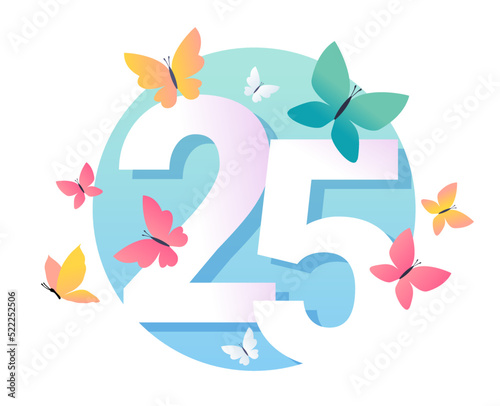Vector illustration of beautiful bright butterfly with number twenty five on color background. Design with number 25 and butterfly