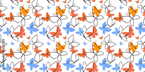 Colorful design of seamless pattern with line and flat butterfly for web, banner, print, textile, greeting card. Vector seamless pattern with beautiful butterfly