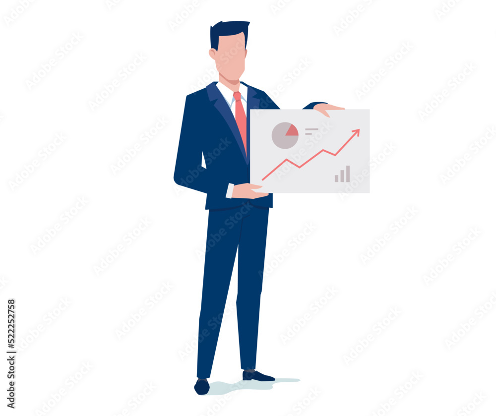 Vector business illustration of business man holding business graph on white color background. Flat style design of man with management diagram Vector business illustration of business man holding business graph on white color background. Flat style design of man with management diagram