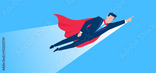 Vector business illustration of super business man in red cloak flying up on blue color background. Flat style design of hero man