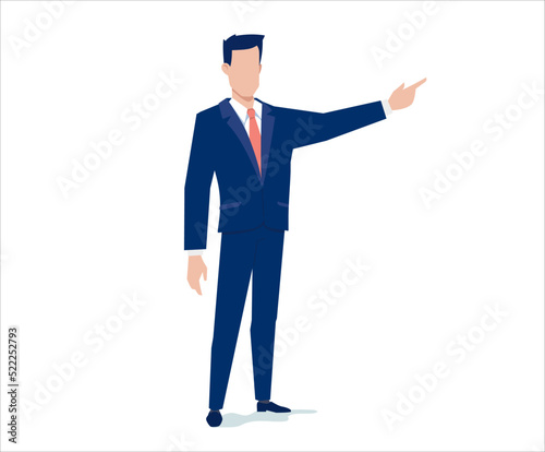 Vector business illustration of business man pointing to the side on white color background. Flat style design of man manager for social media banner