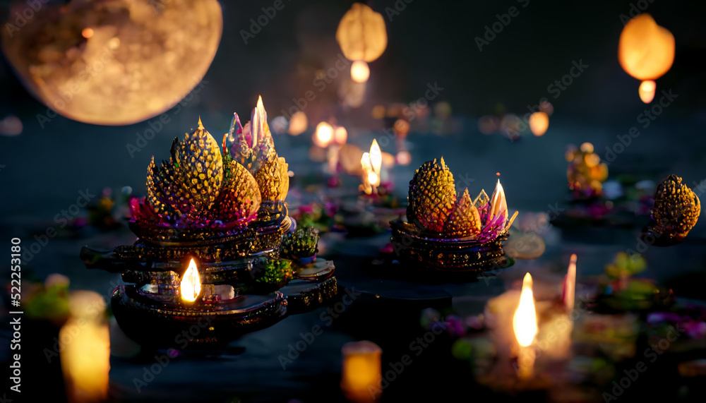 Loy Krathong festival with colorful candles light and full moon in Thailand background. Floating ritual banana leaves vessel or lamp and lotus flower into the water traditional. - obrazy, fototapety, plakaty 