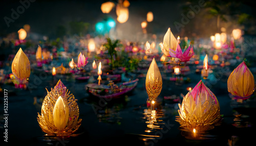 Loy Krathong festival with colorful candles light and full moon in Thailand background. Floating ritual banana leaves vessel or lamp and lotus flower into the water traditional. photo