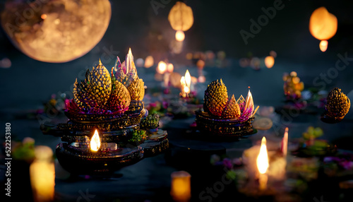 Obraz na płótnie Loy Krathong festival with colorful candles light and full moon in Thailand background