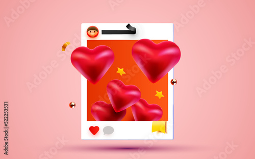 Social media photo frame with hearts. Likes and followers concept.