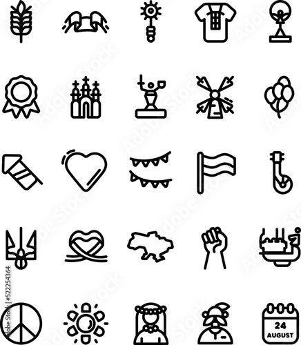 25 of Ukraine line icons set. Vector Outline National Symbols: wheat, mace, shirt, church, monument, balls, fireworks, heart, flag, bandura, map, peace sign, sunflower, Ukrainian, Ukrainian, calendar