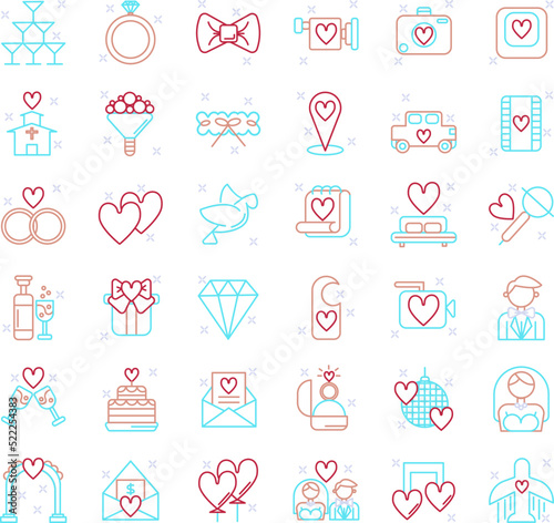 36 of minimal wedding icon set in color. Bridge,gift, groom, bouquet, church, honeymoon, champagne, couple, heart, car, calendar, cake, invitation, ballon, envelope, photo, camera, dove, love, car
