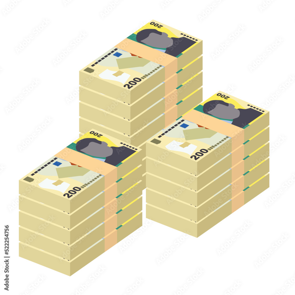 Romanian Leu Vector Illustration. Romania money set bundle banknotes. Paper money 200 RON. Flat style. Isolated on white background. Simple minimal design. Romanian Leu Vector Illustration. Romania money set bundle banknotes. Paper money 200 RON. Flat style. Isolated on white background. Simple minimal design.