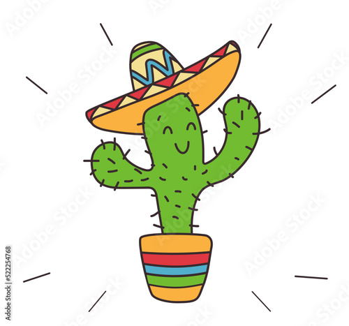 Mexican cute cacti with sombrero. Doodle style, bright colors