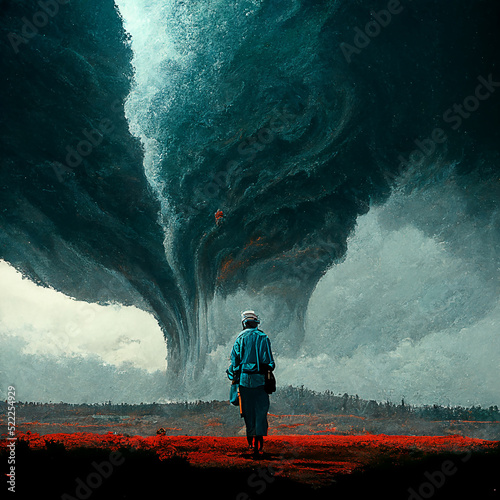 beautiful illustration of man in front of big tornado storm abstract style photo