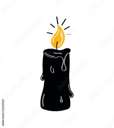 Burning candle with dripping or flowing wax. Lit and melted wax. Illustration of black candle on light background	