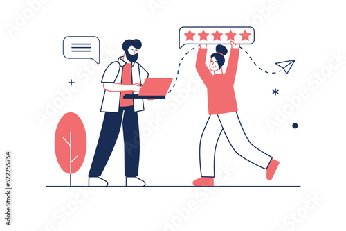 Best feedback concept in flat line design with people scene. Woman and man share experience and rating online, leave comments and five stars for service or business. Vector illustration for web