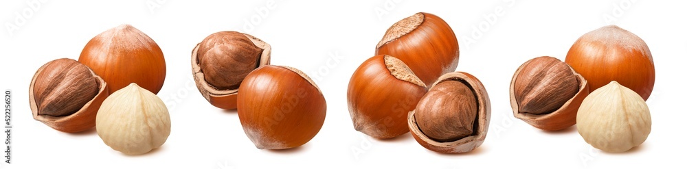 Hazelnut groups selection isolated on white background Hazelnut groups selection isolated on white background